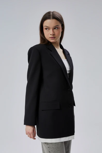 Siyah Oversize Uzun Blazer Ceket - 7
