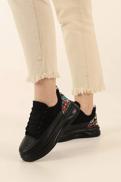 Albishoes Kadın Yüksek Taban Desenli Hafif Rahat Keten Günlük Bağcıklı Kadın Sneaker Spor Ayakkkabı - 1