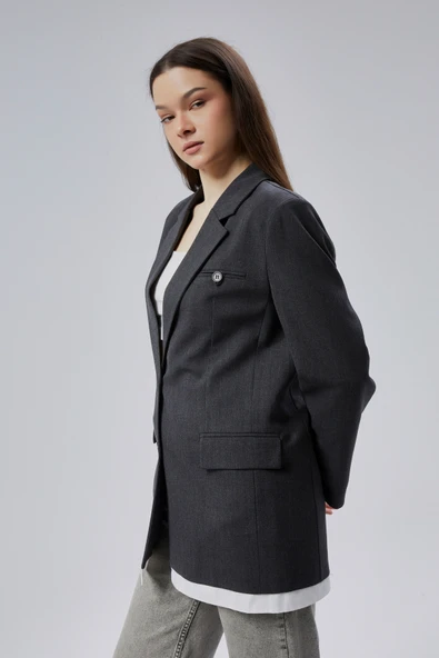 Antrasit Oversize Uzun Blazer Ceket - 6