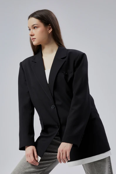 Siyah Oversize Uzun Blazer Ceket - 2