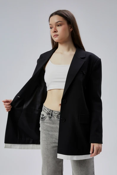 Siyah Oversize Uzun Blazer Ceket - 8