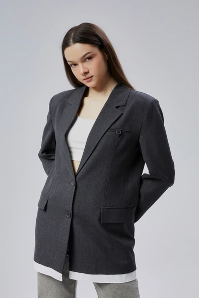 Antrasit Oversize Uzun Blazer Ceket - 3