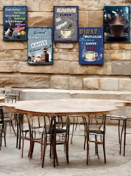 5 Parça (14cmx20cm) Dekoratif Mdf Tablo, Kahve Köşesi Tabloları, Duvar Tabloları, Cafe Tabloları, Çerçeve Görünümlü Dekoratif Hediyelik