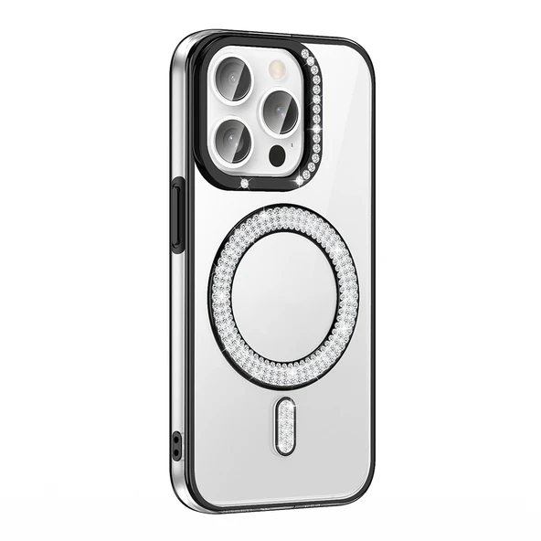 iPhone 14 Pro Max Kılıf Pırlanta Taş Tasarımlı M-safe Şarj Özellikli Karetta Silikon Kılıf - Resim 2
