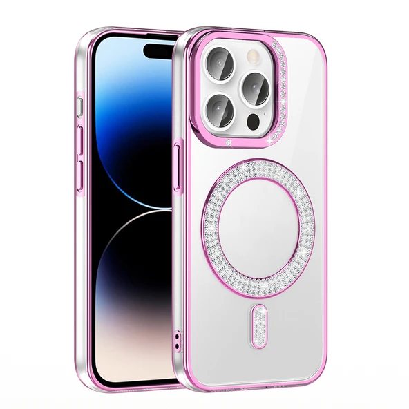 iPhone 14 Pro Max Kılıf Pırlanta Taş Tasarımlı M-safe Şarj Özellikli Karetta Silikon Kılıf - Resim 12