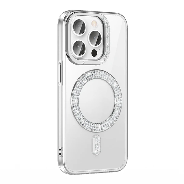 iPhone 14 Pro Max Kılıf Pırlanta Taş Tasarımlı M-safe Şarj Özellikli Karetta Silikon Kılıf - Resim 3