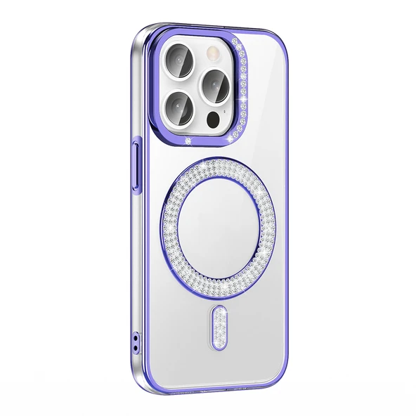 iPhone 14 Pro Max Kılıf Pırlanta Taş Tasarımlı M-safe Şarj Özellikli Karetta Silikon Kılıf - Resim 6