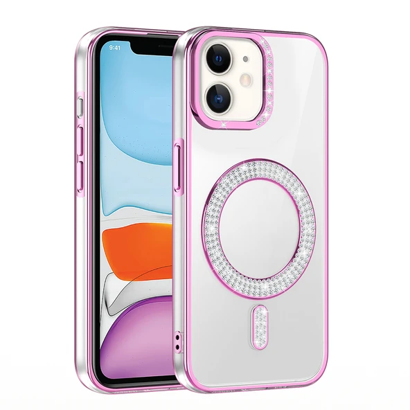 iPhone 11 Kılıf Pırlanta Taş Tasarımlı M-safe Şarj Özellikli Karetta Silikon Kılıf - Resim 8