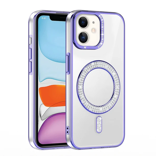 iPhone 11 Kılıf Pırlanta Taş Tasarımlı M-safe Şarj Özellikli Karetta Silikon Kılıf - Resim 12