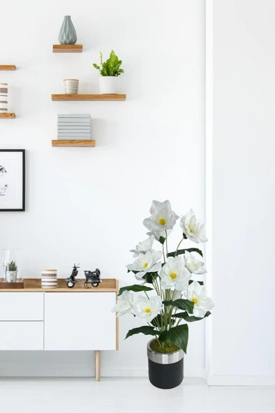 Nettenevime Yapay Çiçek Islak Manolya Çiçeği 12 Çiçekli 65cm Gümüş Halkalı Galvaniz Vazoda Salon Çiçeği - 3