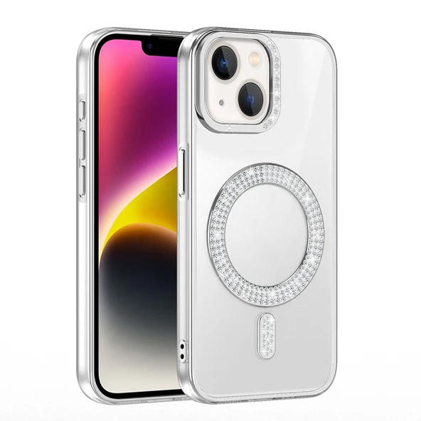 iPhone 13 Kılıf Pırlanta Taş Tasarımlı M-safe Şarj Özellikli Karetta Silikon Kılıf - Resim 12