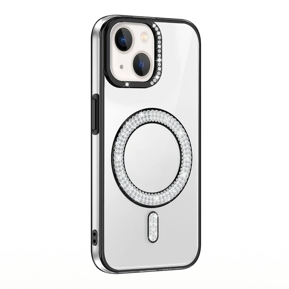 iPhone 13 Kılıf Pırlanta Taş Tasarımlı M-safe Şarj Özellikli Karetta Silikon Kılıf - Resim 2