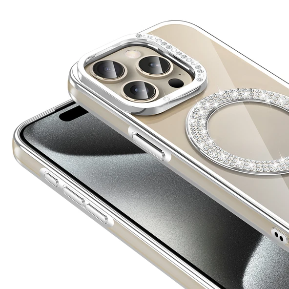 iPhone 15 Pro Kılıf Pırlanta Taş Tasarımlı M-safe Şarj Özellikli Karetta Silikon Kapak - 11