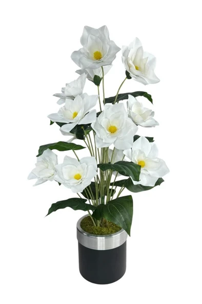 Nettenevime Yapay Çiçek Islak Manolya Çiçeği 12 Çiçekli 65cm Gümüş Halkalı Galvaniz Vazoda Salon Çiçeği - 8