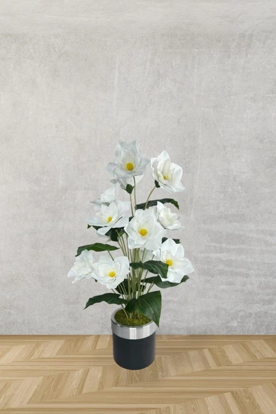 Nettenevime Yapay Çiçek Islak Manolya Çiçeği 12 Çiçekli 65cm Gümüş Halkalı Galvaniz Vazoda Salon Çiçeği - 2