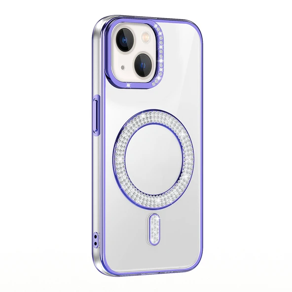 iPhone 13 Kılıf Pırlanta Taş Tasarımlı M-safe Şarj Özellikli Karetta Silikon Kılıf - Resim 6