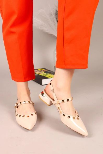 Feles Sarı Pul Detaylı Arkası Açık Kadın Babet Ayakkabı - Resim 5