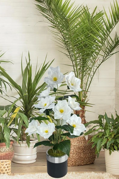 Nettenevime Yapay Çiçek Islak Manolya Çiçeği 12 Çiçekli 65cm Gümüş Halkalı Galvaniz Vazoda Salon Çiçeği - 4