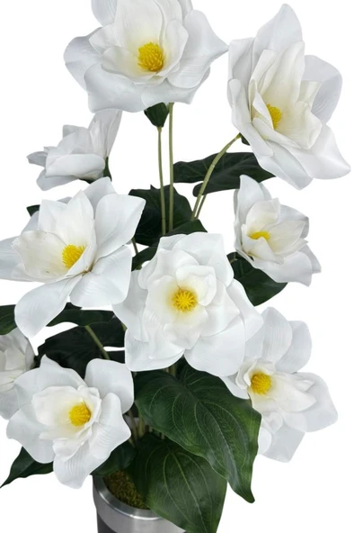 Nettenevime Yapay Çiçek Islak Manolya Çiçeği 12 Çiçekli 65cm Gümüş Halkalı Galvaniz Vazoda Salon Çiçeği - 5