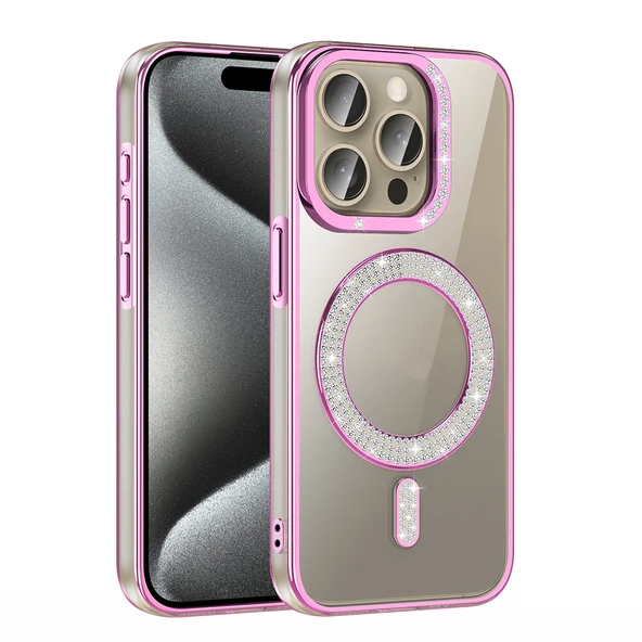 iPhone 15 Pro Kılıf Pırlanta Taş Tasarımlı M-safe Şarj Özellikli Karetta Silikon Kapak - 2