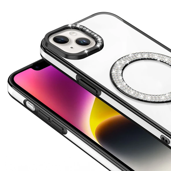 iPhone 13 Kılıf Pırlanta Taş Tasarımlı M-safe Şarj Özellikli Karetta Silikon Kılıf - Resim 11