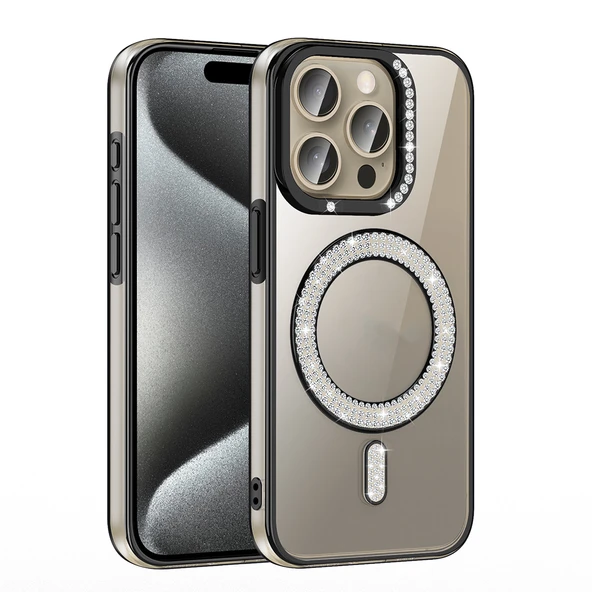 iPhone 15 Pro Kılıf Pırlanta Taş Tasarımlı M-safe Şarj Özellikli Karetta Silikon Kapak - 8