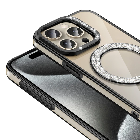 iPhone 15 Pro Kılıf Pırlanta Taş Tasarımlı M-safe Şarj Özellikli Karetta Silikon Kapak - 9