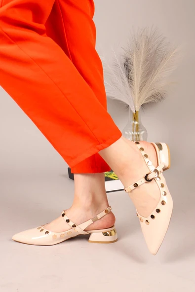 Feles Sarı Pul Detaylı Arkası Açık Kadın Babet Ayakkabı - Resim 3