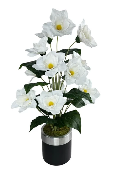 Nettenevime Yapay Çiçek Islak Manolya Çiçeği 12 Çiçekli 65cm Gümüş Halkalı Galvaniz Vazoda Salon Çiçeği