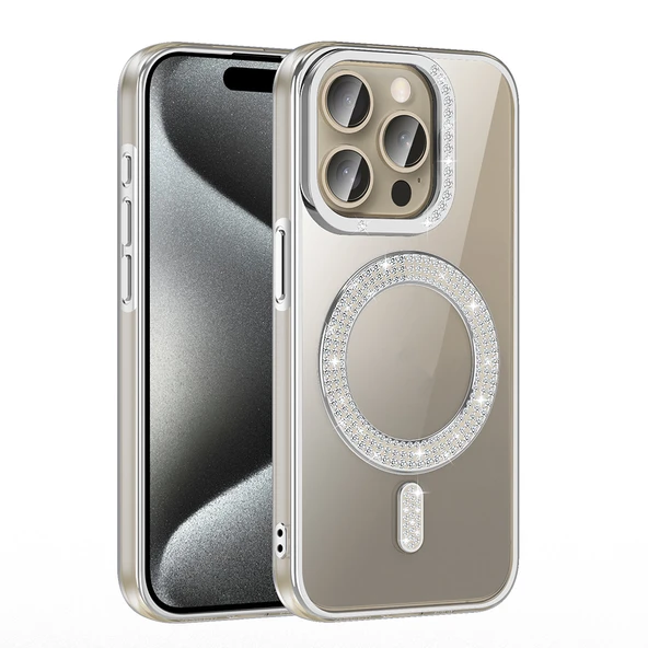 iPhone 15 Pro Kılıf Pırlanta Taş Tasarımlı M-safe Şarj Özellikli Karetta Silikon Kapak - 10