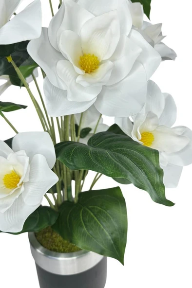 Nettenevime Yapay Çiçek Islak Manolya Çiçeği 12 Çiçekli 65cm Gümüş Halkalı Galvaniz Vazoda Salon Çiçeği - 7