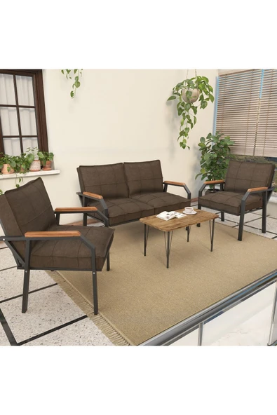 Mygusi Hayal Serisi Balkon, Bahçe, Cafe - Metal Kanepe Koltuk Takımı - 2+1+1 Sehpalı - Kahverengi