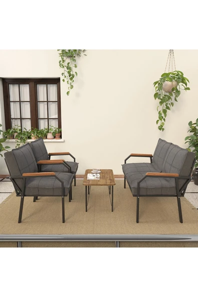 Mygusi Hayal Serisi Balkon, Bahçe, Cafe - Metal Kanepe Koltuk Takımı - 2+1+1 Sehpalı - Koyu Gri - 2