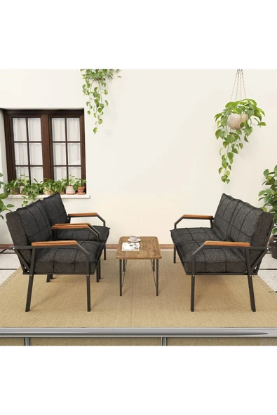 Mygusi Hayal Serisi Balkon, Bahçe, Cafe - Metal Kanepe Koltuk Takımı - 2+1+1 Sehpalı - Antrasit - 2