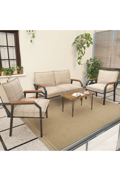 Mygusi Hayal Serisi Balkon, Bahçe, Cafe - Metal Kanepe Koltuk Takımı - 2+1+1 Sehpalı - Krem