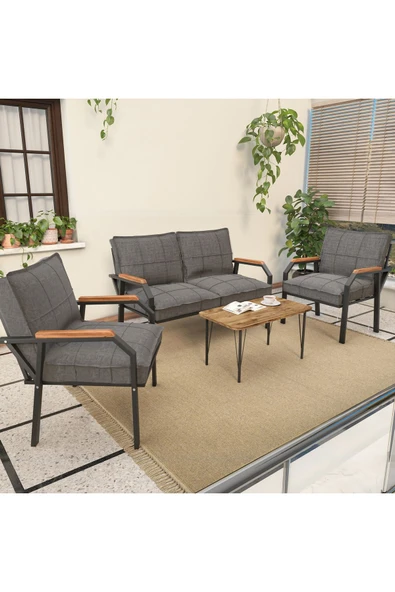 Mygusi Hayal Serisi Balkon, Bahçe, Cafe - Metal Kanepe Koltuk Takımı - 2+1+1 Sehpalı - Koyu Gri