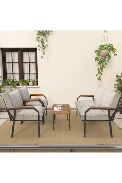 Mygusi Hayal Serisi Balkon, Bahçe, Cafe - Metal Kanepe Koltuk Takımı - 2+1+1 Sehpalı - Açık Gri - 2