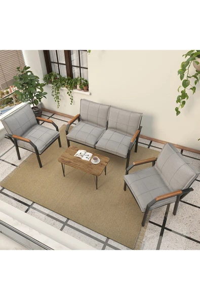 Mygusi Hayal Serisi Balkon, Bahçe, Cafe - Metal Kanepe Koltuk Takımı - 2+1+1 Sehpalı - Açık Gri - 3