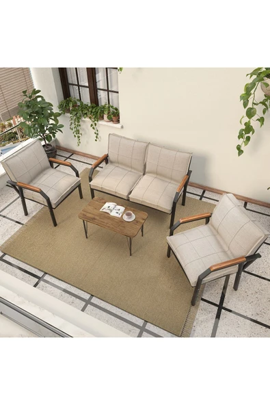 Mygusi Hayal Serisi Balkon, Bahçe, Cafe - Metal Kanepe Koltuk Takımı - 2+1+1 Sehpalı - Krem - 3