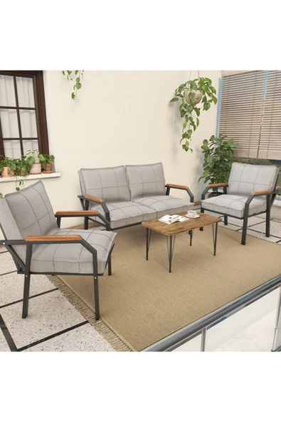 Mygusi Hayal Serisi Balkon, Bahçe, Cafe - Metal Kanepe Koltuk Takımı - 2+1+1 Sehpalı - Açık Gri