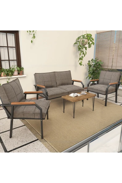 Mygusi Hayal Serisi Balkon, Bahçe, Cafe - Metal Kanepe Koltuk Takımı - 2+1+1 Sehpalı - Cappucino