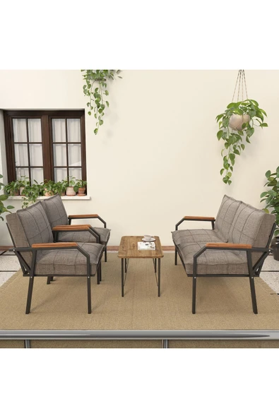 Mygusi Hayal Serisi Balkon, Bahçe, Cafe - Metal Kanepe Koltuk Takımı - 2+1+1 Sehpalı - Cappucino - 2