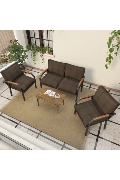 Mygusi Hayal Serisi Balkon, Bahçe, Cafe - Metal Kanepe Koltuk Takımı - 2+1+1 Sehpalı - Kahverengi - 3