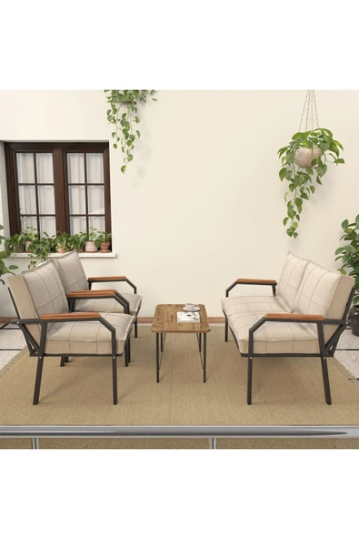 Mygusi Hayal Serisi Balkon, Bahçe, Cafe - Metal Kanepe Koltuk Takımı - 2+1+1 Sehpalı - Krem - 2
