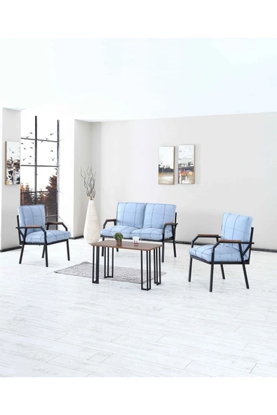 Mygusi Hayal Serisi Balkon, Bahçe, Cafe - Metal Kanepe Koltuk Takımı - 2+1+1 Sehpalı - Turkuaz