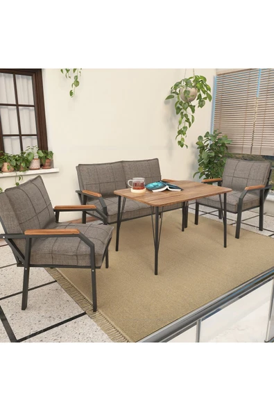Mygusi Hayal Serisi Balkon, Bahçe, Cafe - Metal Kanepe Koltuk Takımı - 2+1+1 90x60cm Masalı - Cappucino - 2