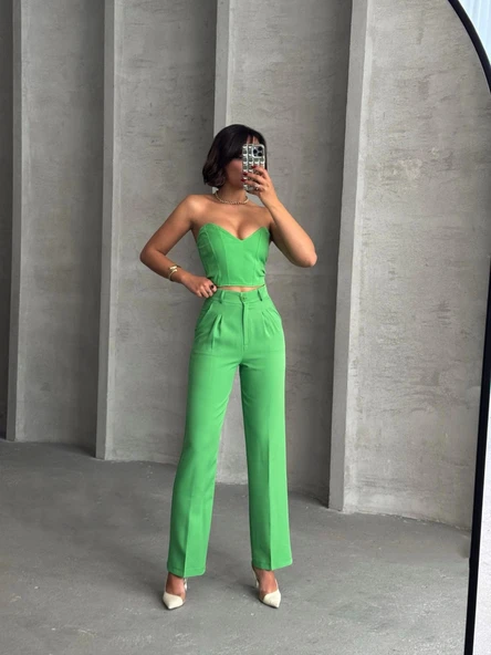 Palazzo pantolonlu alt üst takım yeşil - 5