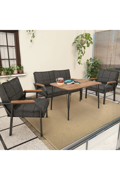Mygusi Hayal Serisi Balkon, Bahçe, Cafe - Metal Kanepe Koltuk Takımı - 2+1+1 90x60cm Masalı - Antrasit