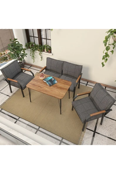 Mygusi Hayal Serisi Balkon, Bahçe, Cafe - Metal Kanepe Koltuk Takımı - 2+1+1 90x60cm Masalı - Koyu Gri - 2