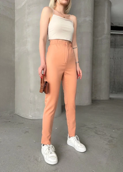Beli lastikli karamel pantolon - 4